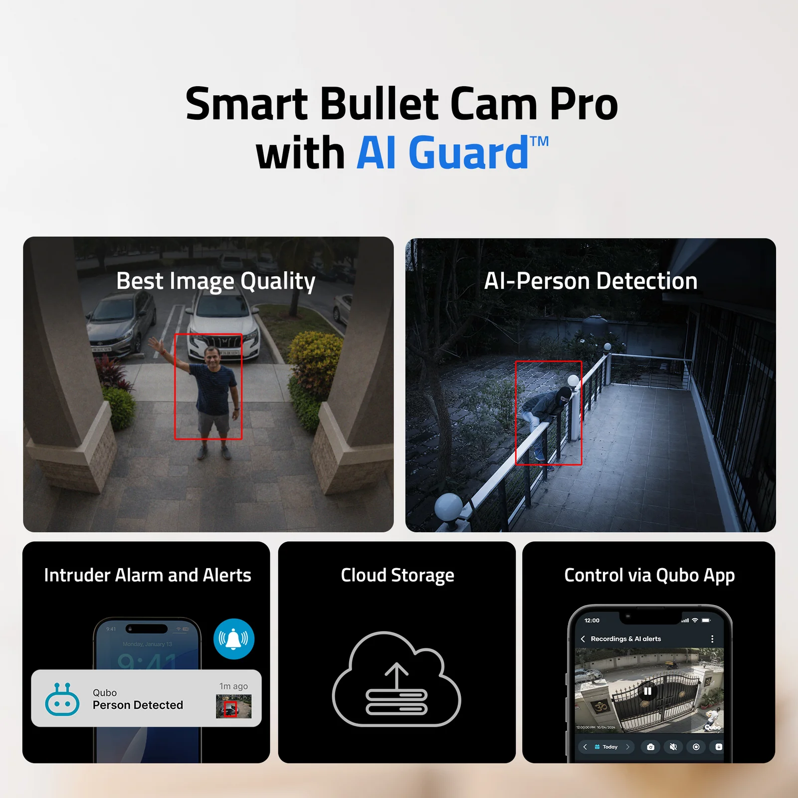 Qubo Smart Outdoor Bullet Camera Pro 4MP AI Guard features — best image quality, AI person detection, intruder alerts, cloud storage, and Qubo app control