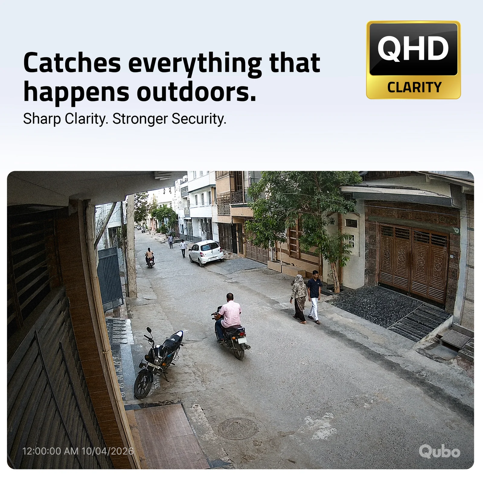 Qubo Smart Outdoor Bullet Camera Pro 4MP — QHD clarity footage of outdoor street activity