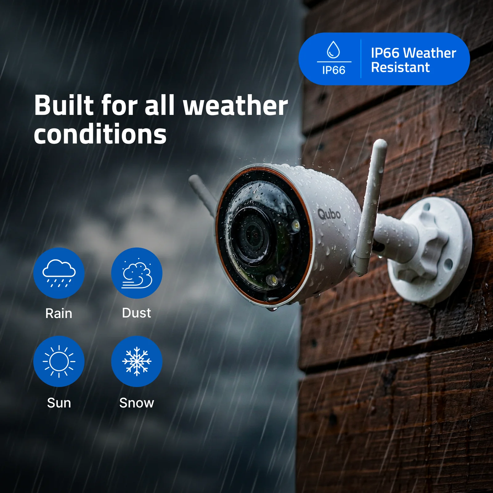 Qubo Smart Outdoor Bullet Camera Pro 4MP — IP66 weather resistant, built for rain, dust, sun and snow